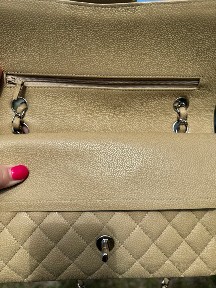 Chanel 2003 Beige Medium Caviar Classic Flap