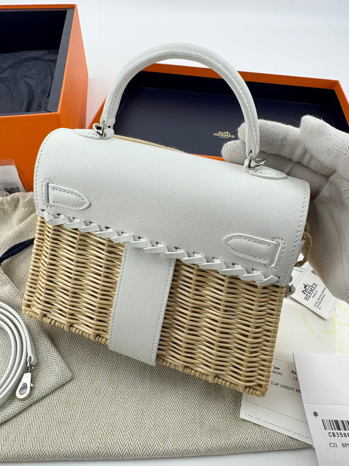 Hermès Mini Kelly Picnic Wicker New White Palladium Hardware 2023