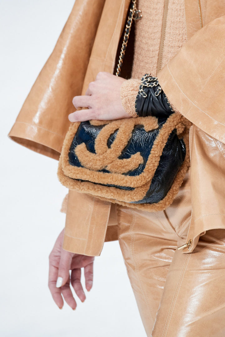 Chanel Tan Shiny Crumpled Sheepskin and Shearling Mania Flap