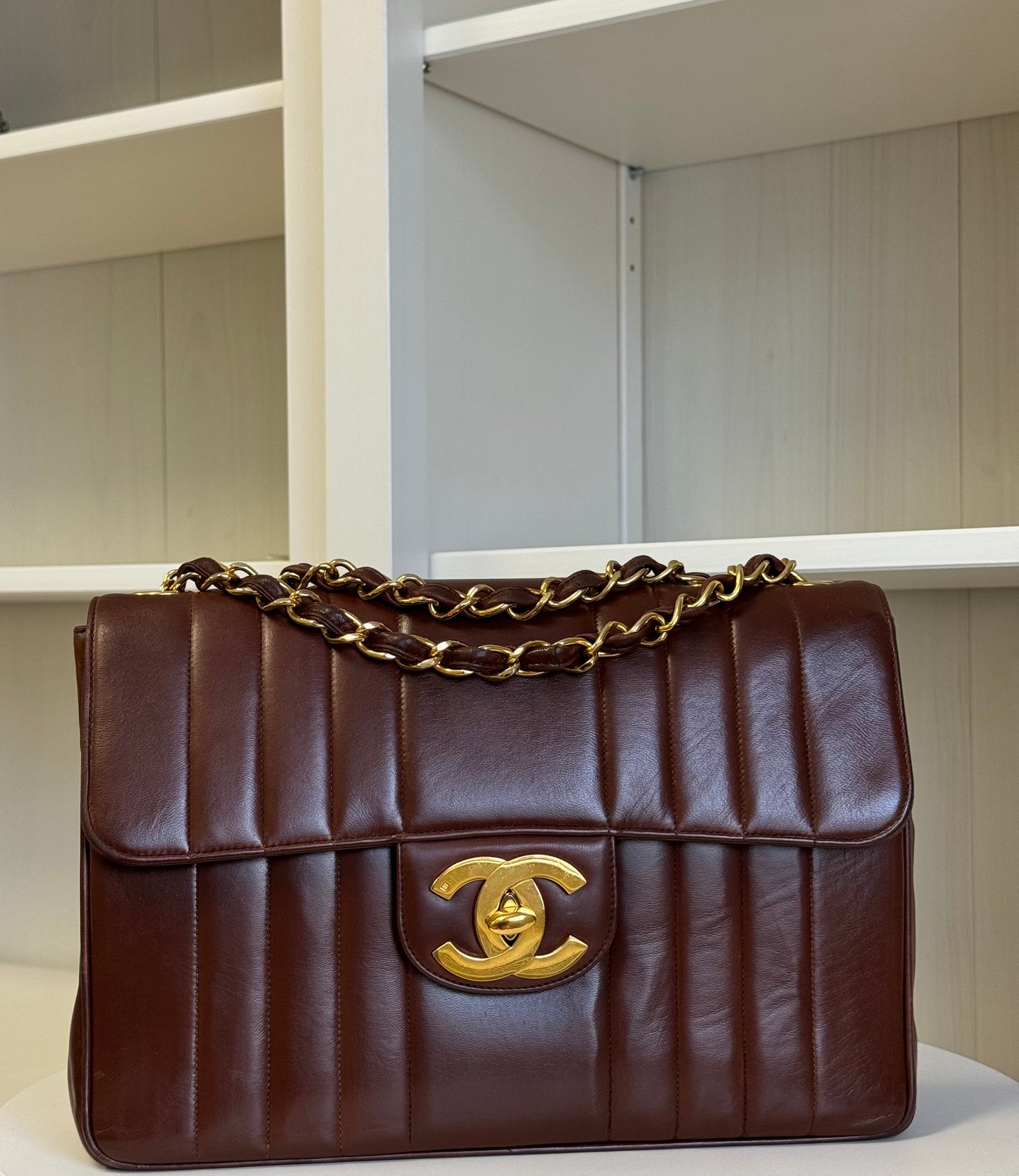 Chanel Brown Vintage Lambskin Vertical Quilt Jumbo Flap