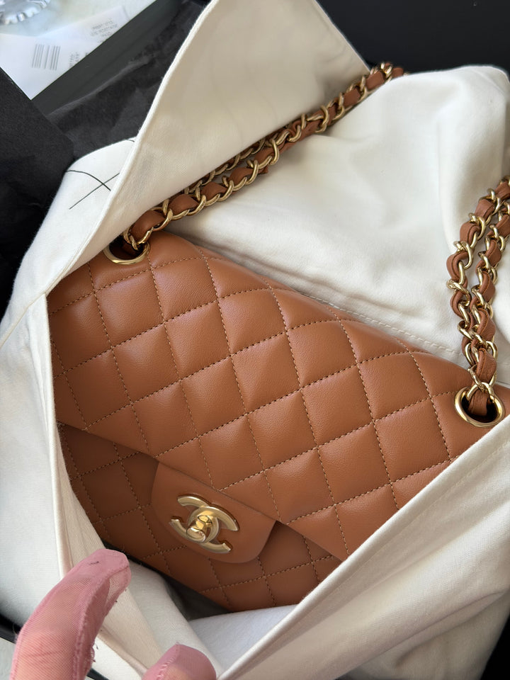 Chanel Small Classic Flap Bag Lambskin Caramel Light Gold Hardware 2022