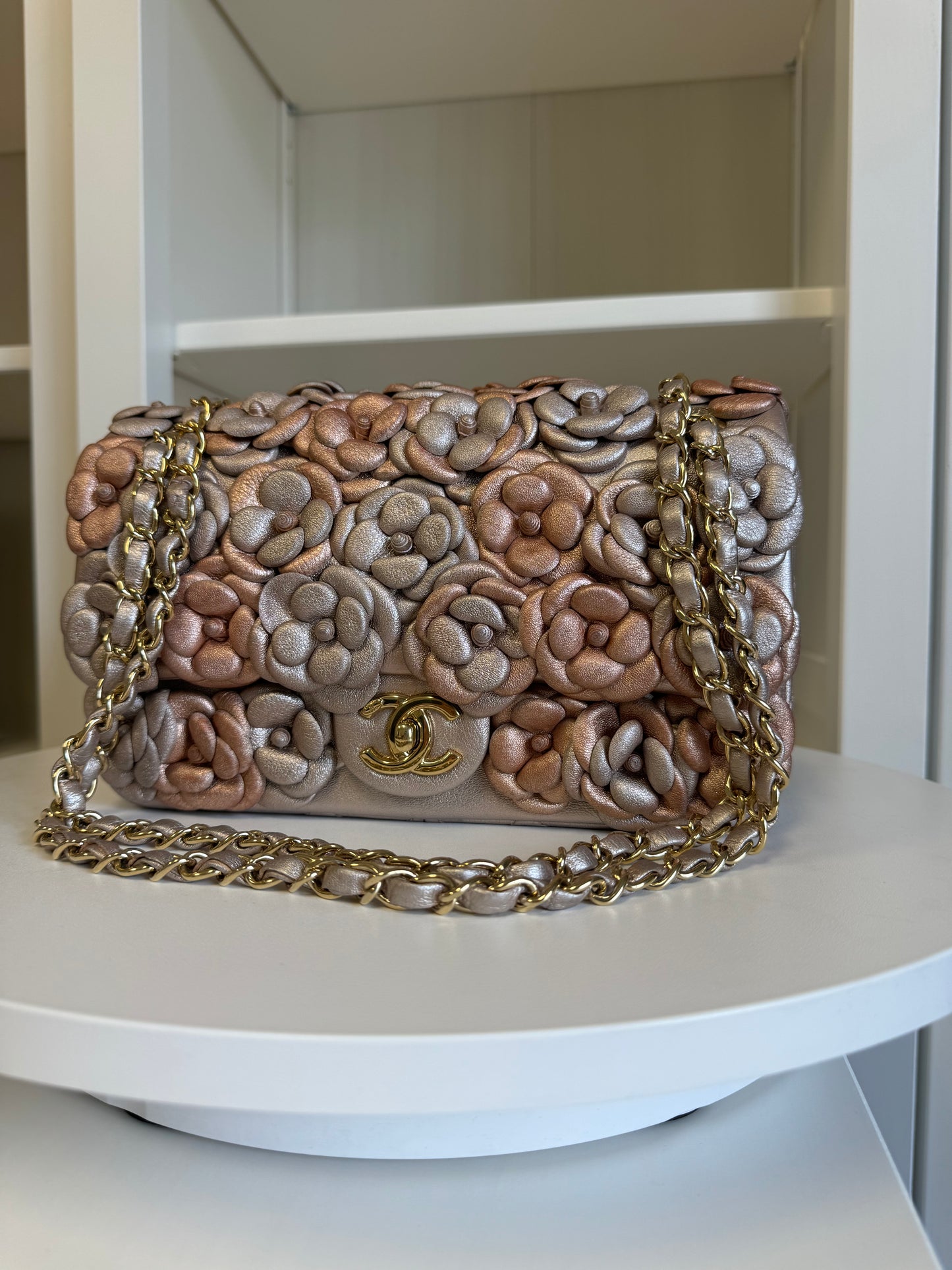 Chanel Metallic Pink and Rose Gold Lambskin Camellia Rose Appliqué Medium Flap Bag