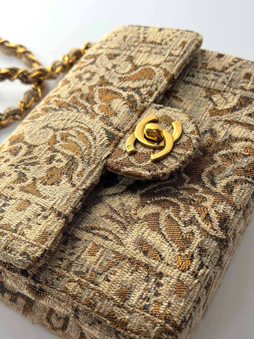 Chanel 1991 Bronze Metallic Brocade Vintage Mini Square Flap Bag