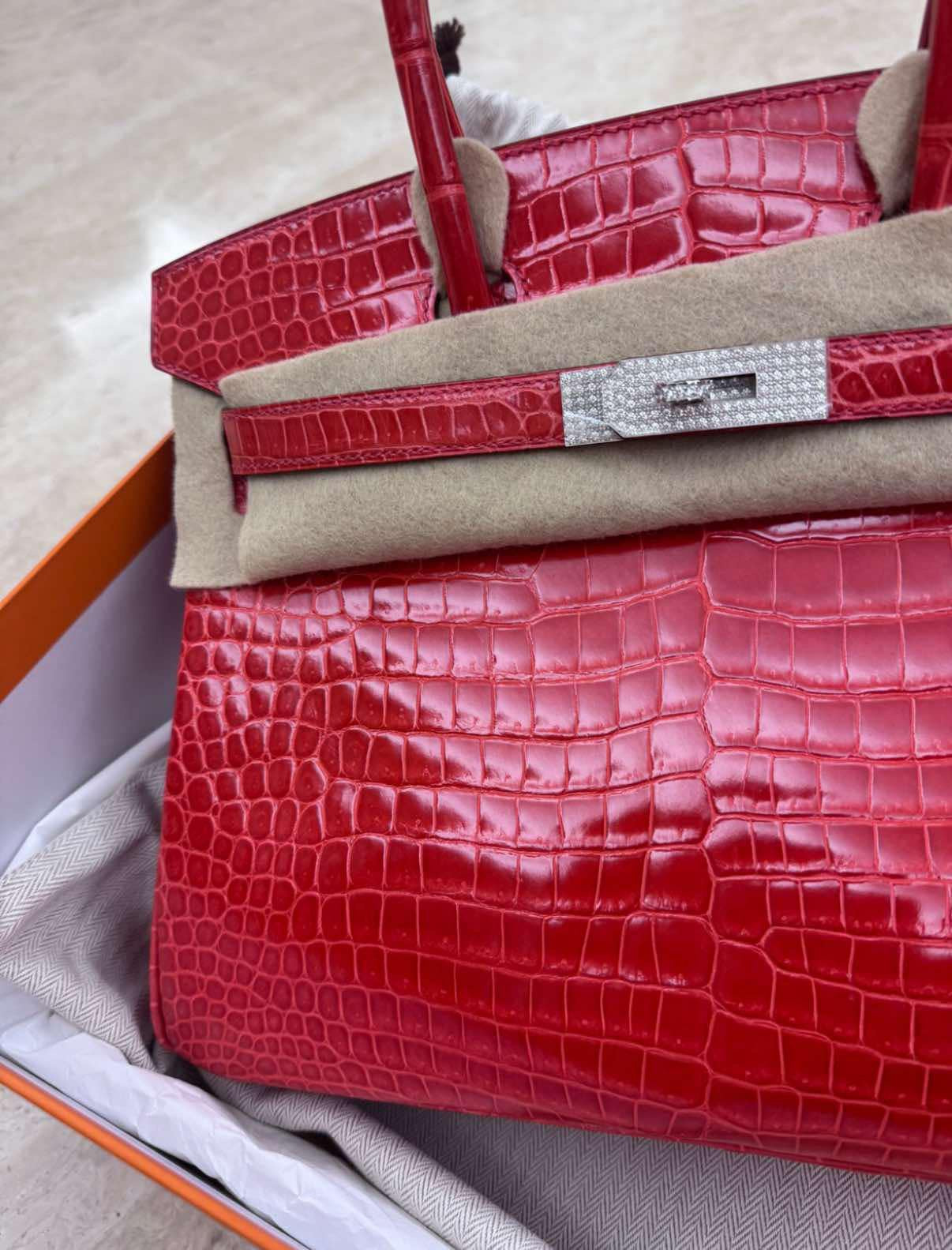 Hermes White Gold Diamond Geranium Crocodile Birkin 30