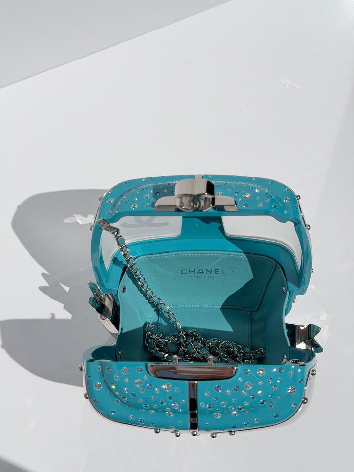 Chanel Ski Gondola Swarovski Minaudière Blue Silver Hardware 2019