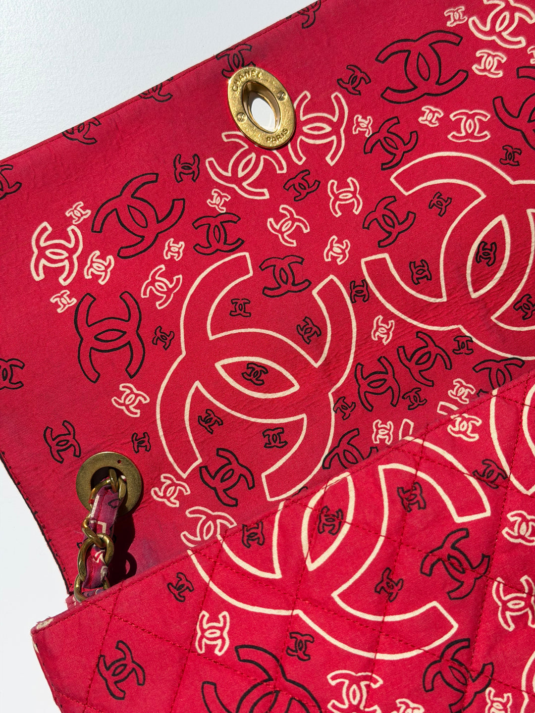 Chanel Vintage Red Bandana Paisley Print Straw Maxi Jumbo Flap Bag 1994