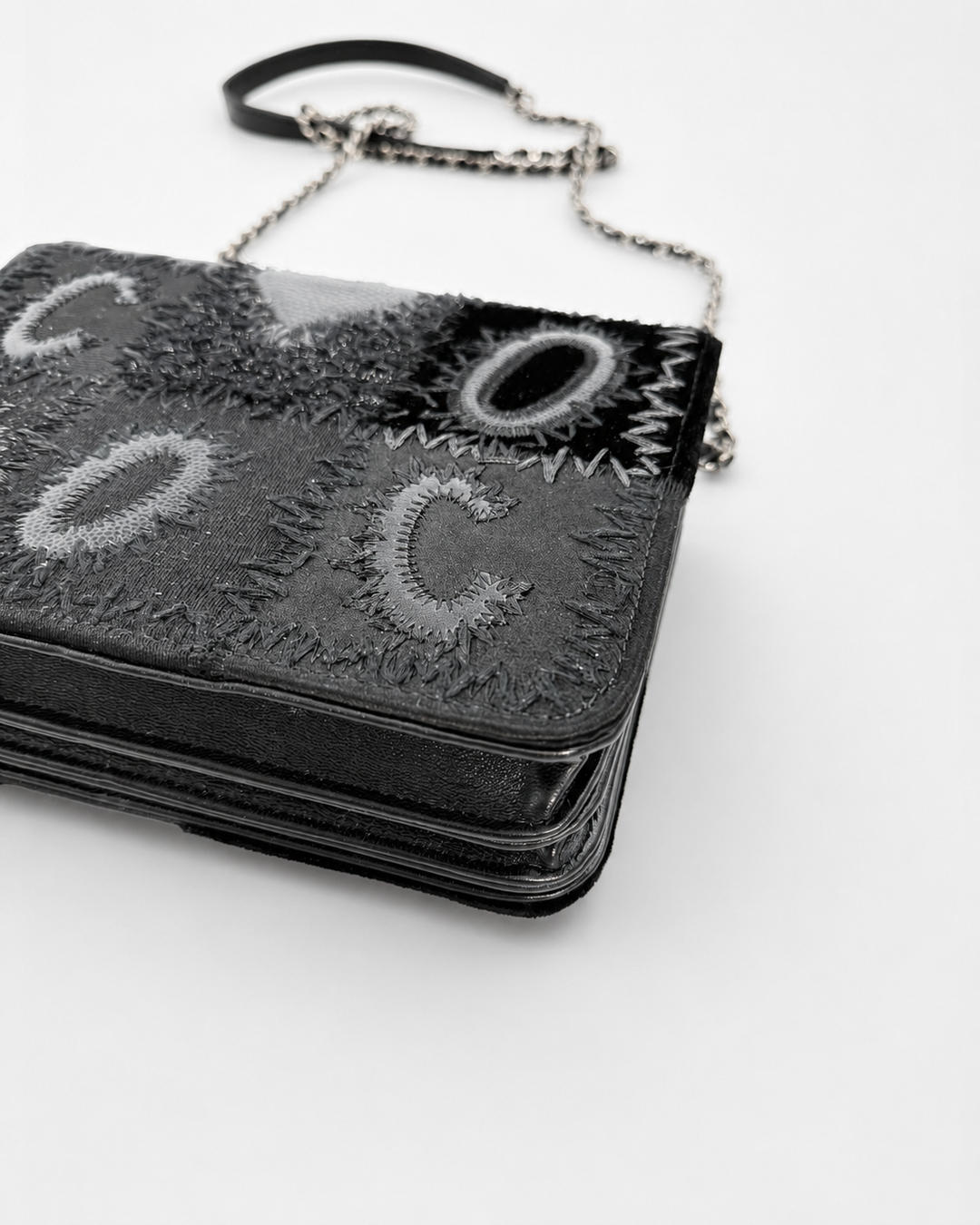 Chanel Black Mixed Media Patchwork Square Wallet on Chain Silver Hardware 2018