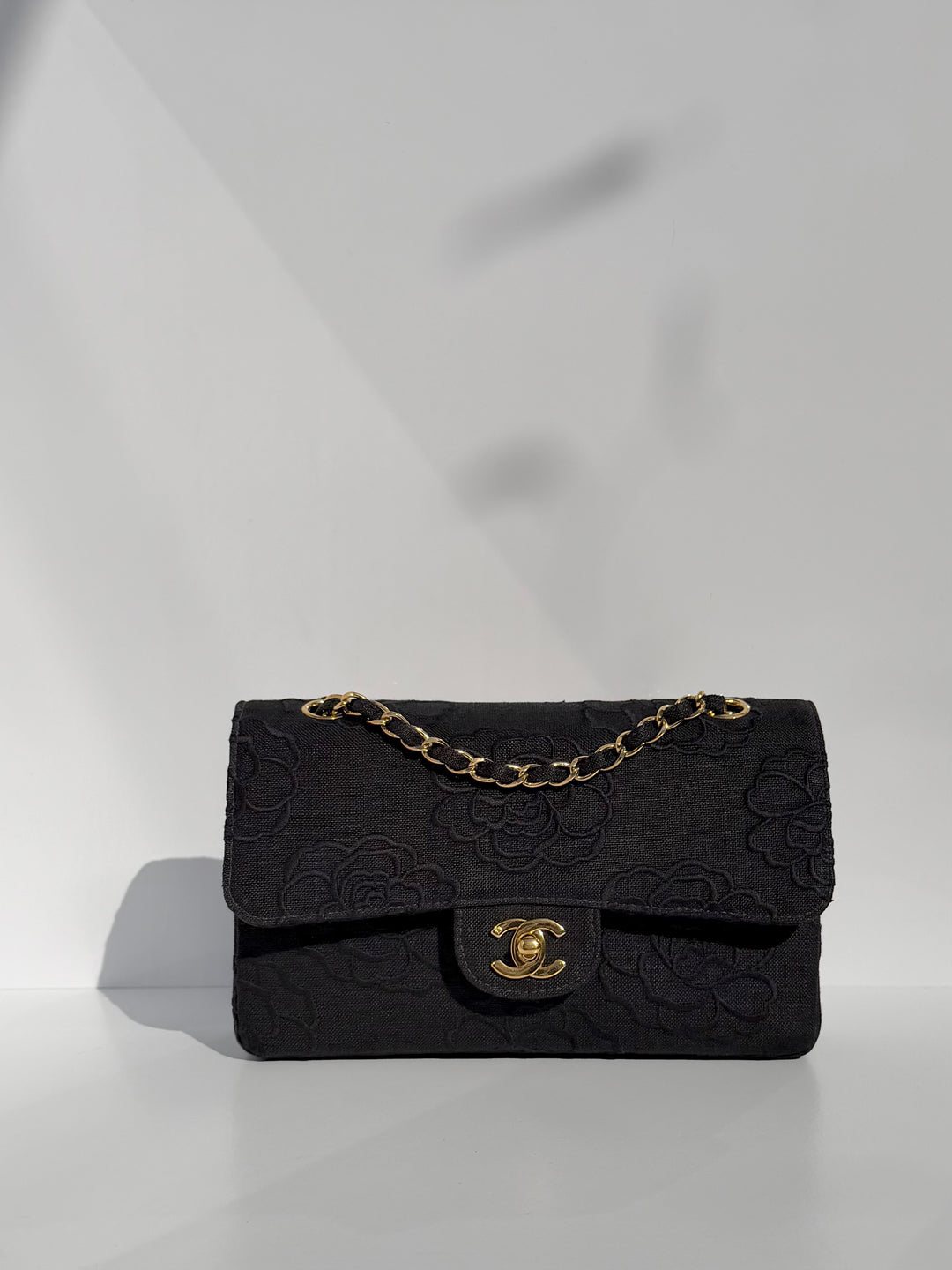 Chanel 1997 Small 24K Black Camellia Classic Flap Bag