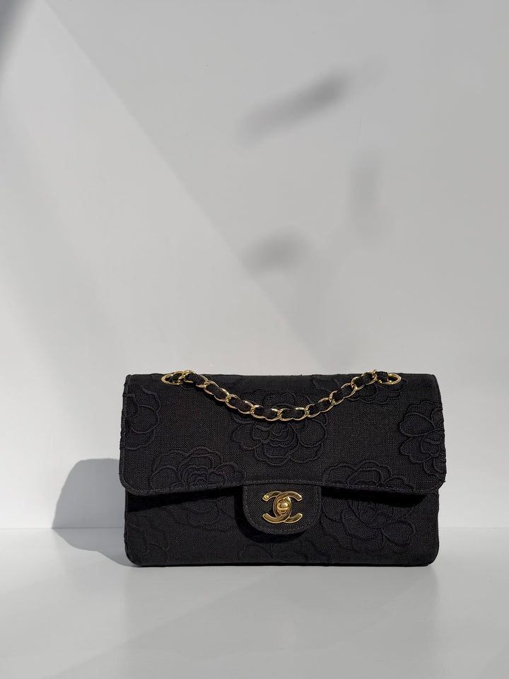 Chanel 1997 Small 24K Black Camellia Classic Flap Bag