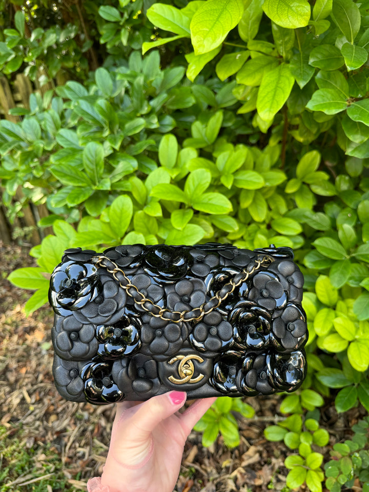 Chanel Black Lambskin Camellia Rose Appliqué Medium Flap Bag