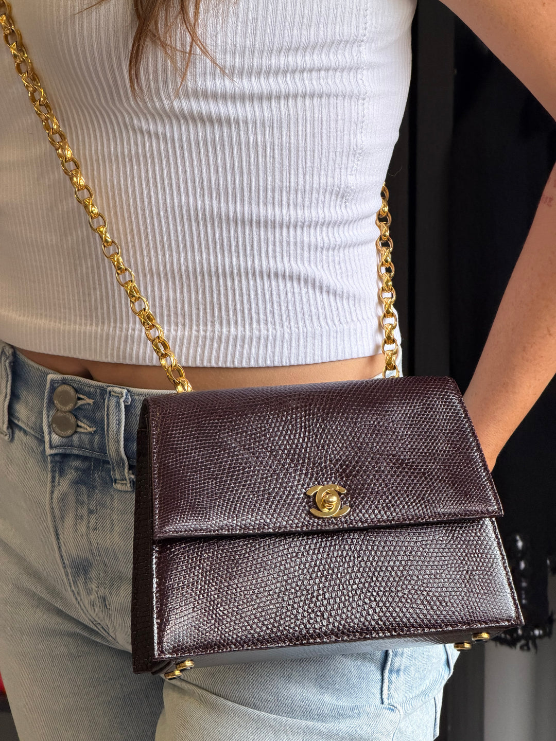 Chanel Small Trapezoid Flap Bag Burgundy Lizard Leather Gold Hardware With Bijoux Chain 1989