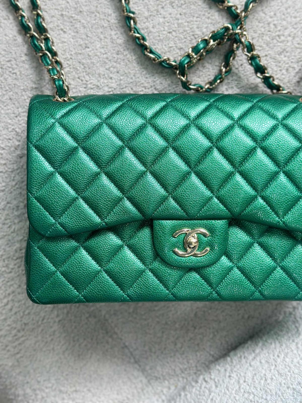 Chanel 18S Emerald Green Caviar Jumbo Flap Bag