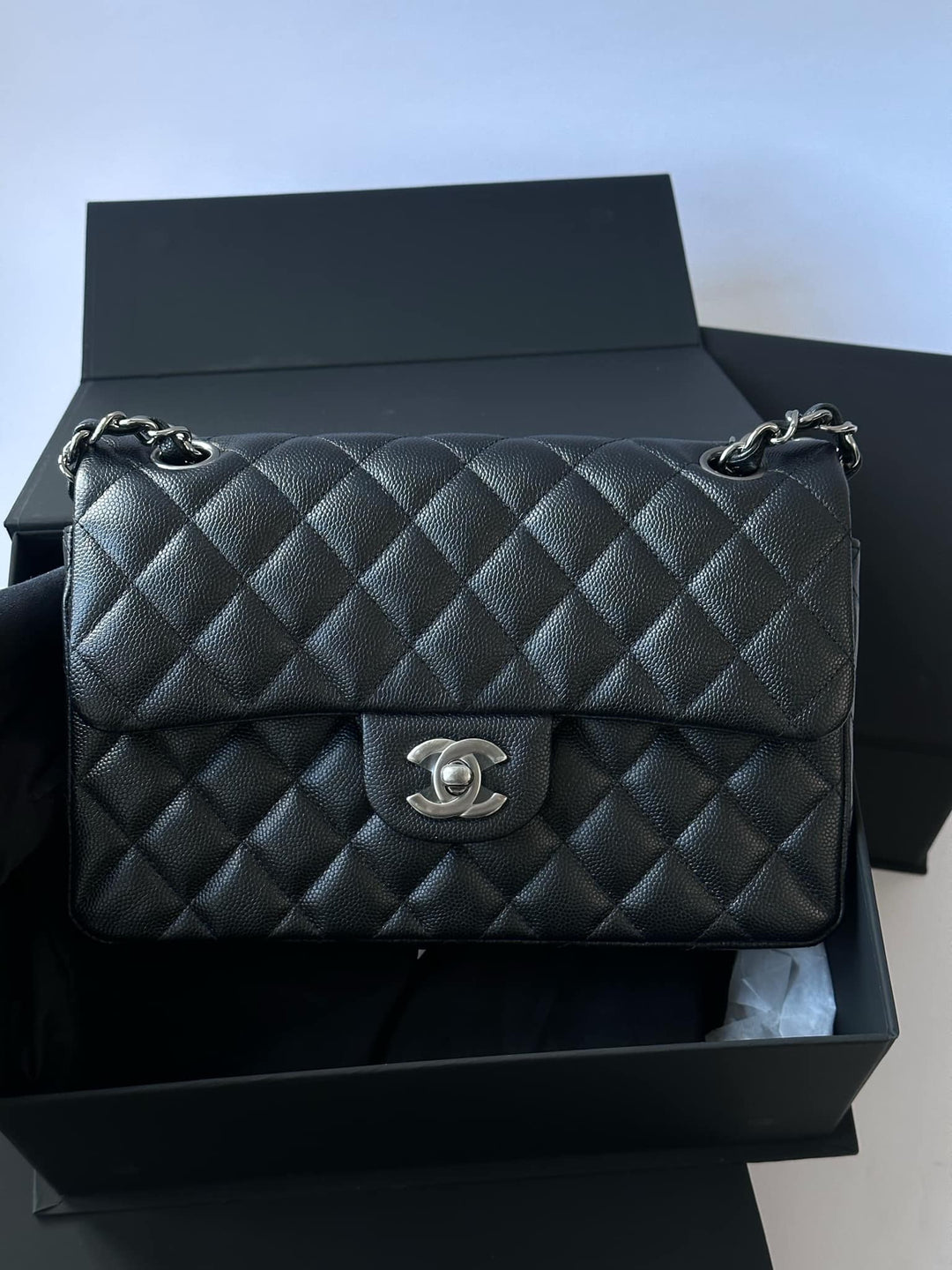 Chanel 18C Small Black Caviar Iridescent Classic Flap Bag + RHW