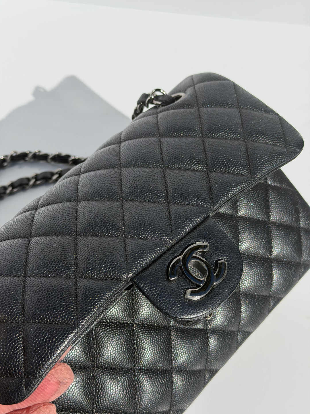 Chanel 18C Black Iridescent Small Caviar Double Flap Bag