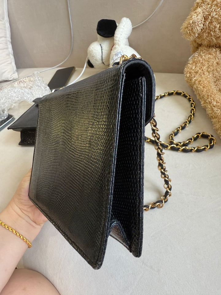 Chanel 1991 Black Lizard CC Envelope Flap Bag