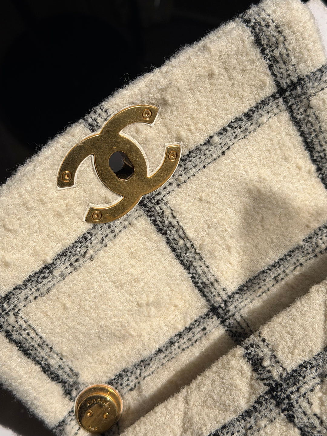 Chanel Small Elegant Chain Flap Wool Tweed White Black Gold Hardware 2022