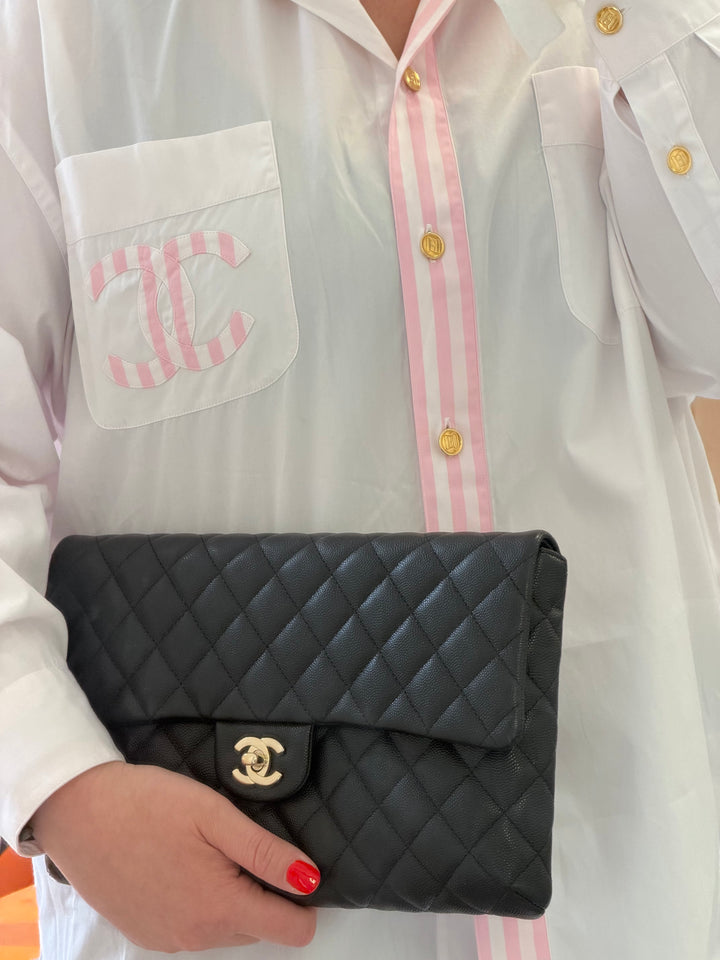 Chanel 18B Black Classic Quilted Caviar Clutch