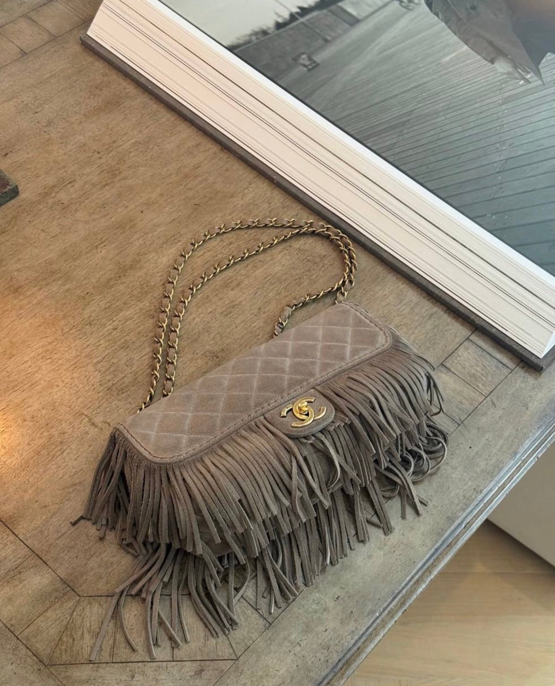 Chanel Paris-Dallas Medium Fringe Flap Bag Taupe Suede Calfskin Antique Gold Tone Hardware 2014