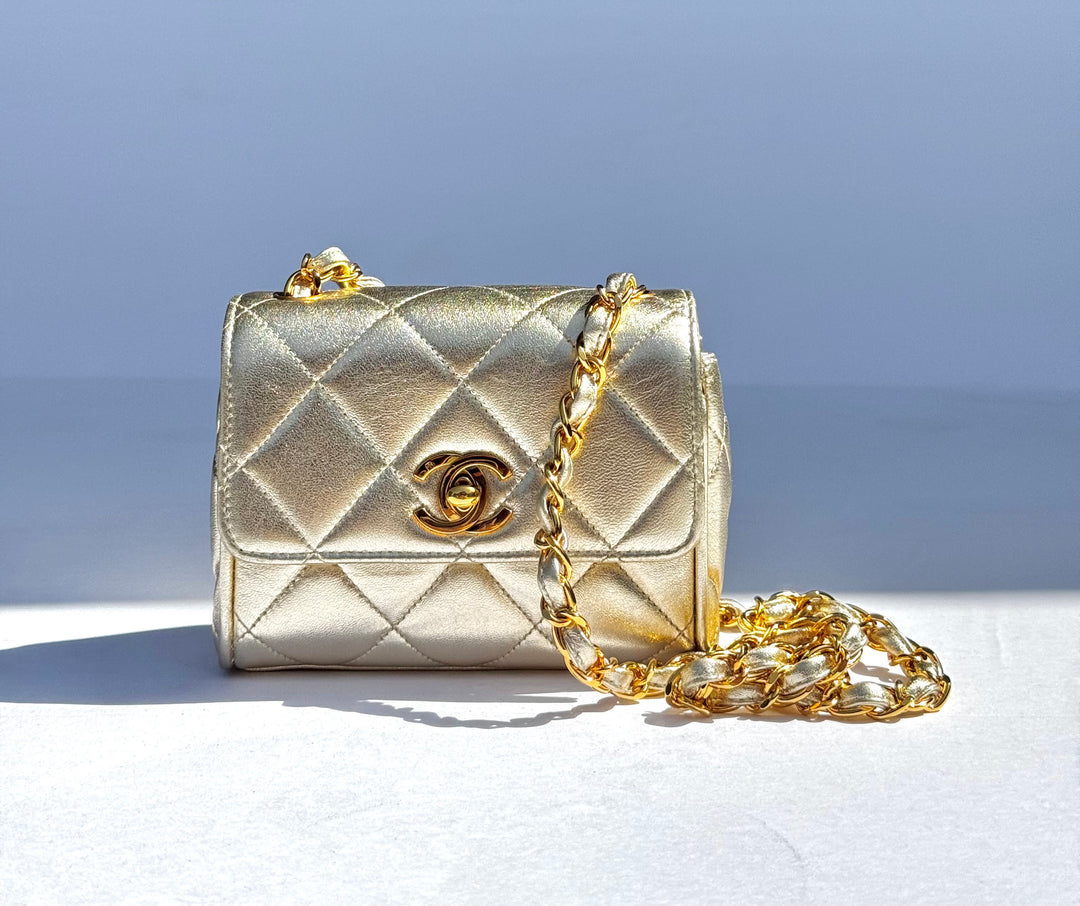 Chanel 1994 Vintage Metallic Gold Extra Mini Flap Bag