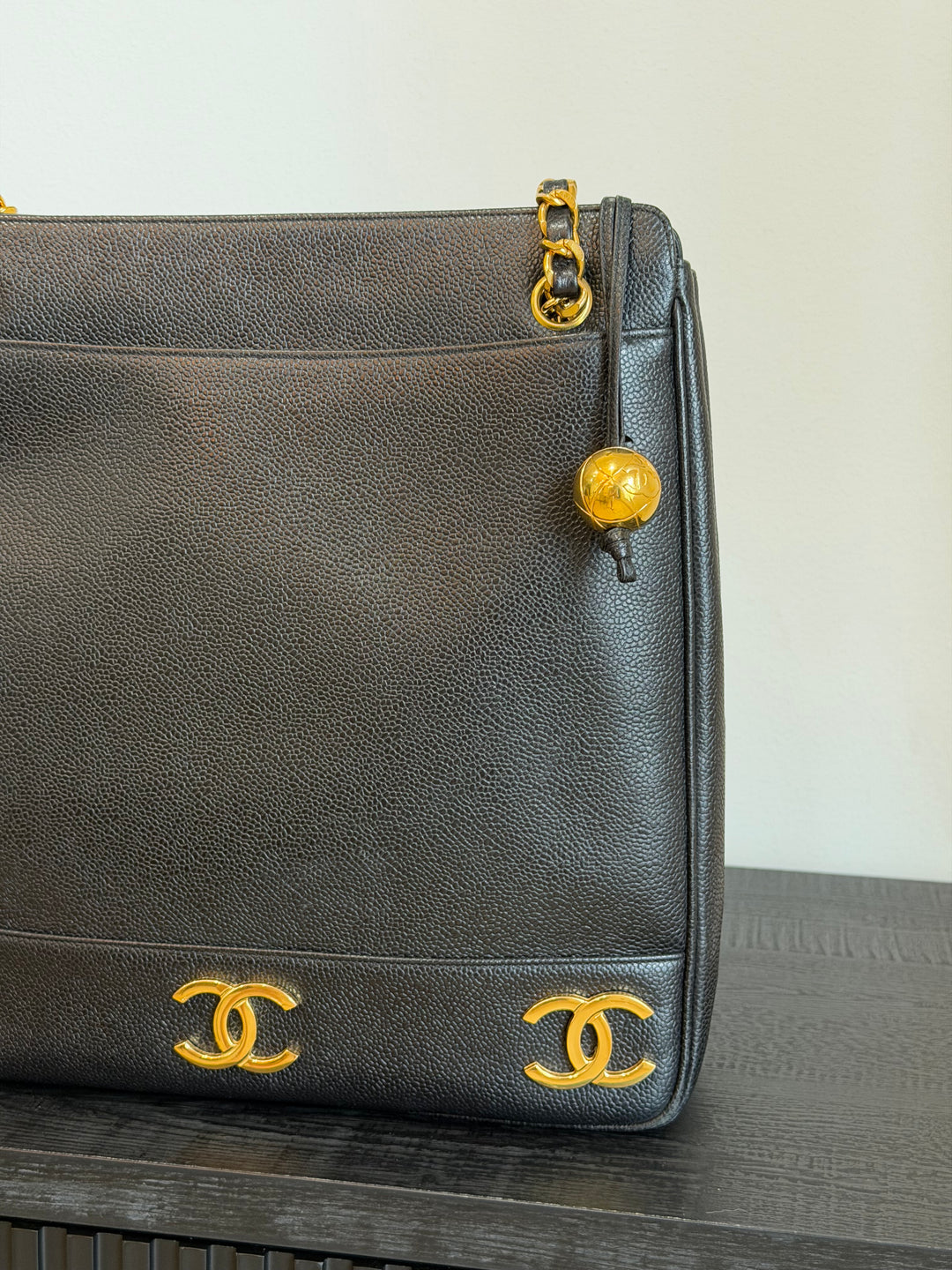 Chanel Black Caviar Triple Coco CC Tote Bag 24K Gold Plated Hardware 1994