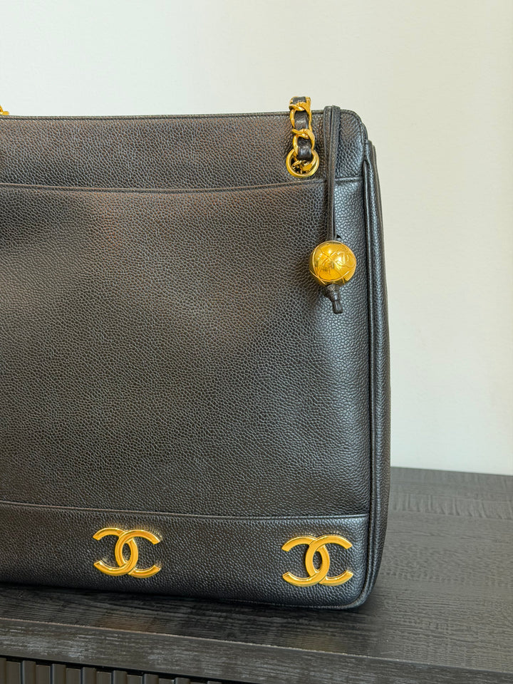 Chanel Black Caviar Triple Coco CC Tote Bag 24K Gold Plated Hardware 1994