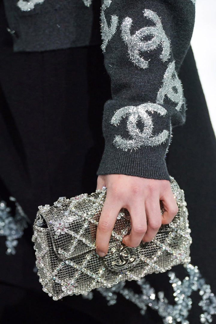 Chanel 2022 Silver Diamond Quilted Crystal Mini Flap