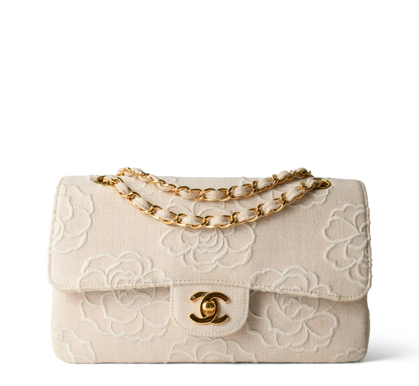 Chanel 1997 Small 24K Ivory Camellia Classic Flap Bag