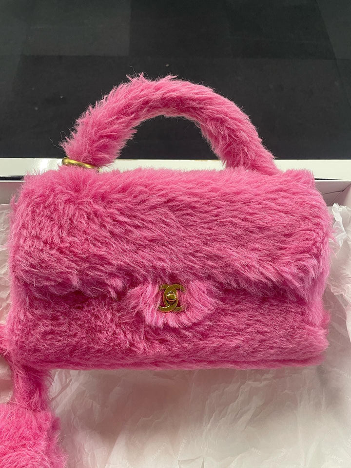 Chanel RARE 1994 Pink Faux Fur Kelly Top Handle