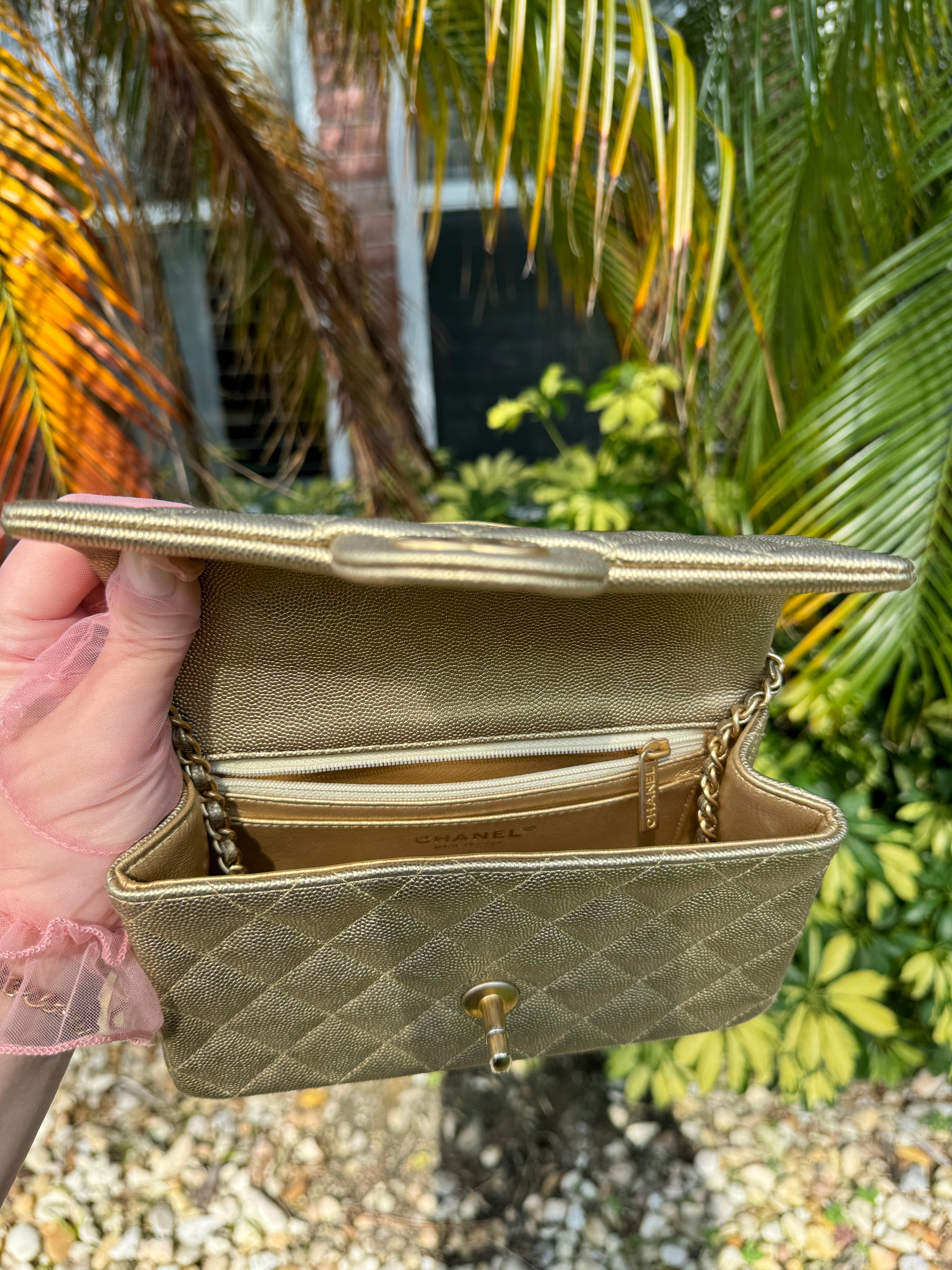 Chanel 21S Mini Metallic Gold Caviar Top Handle – Its A Luv Story
