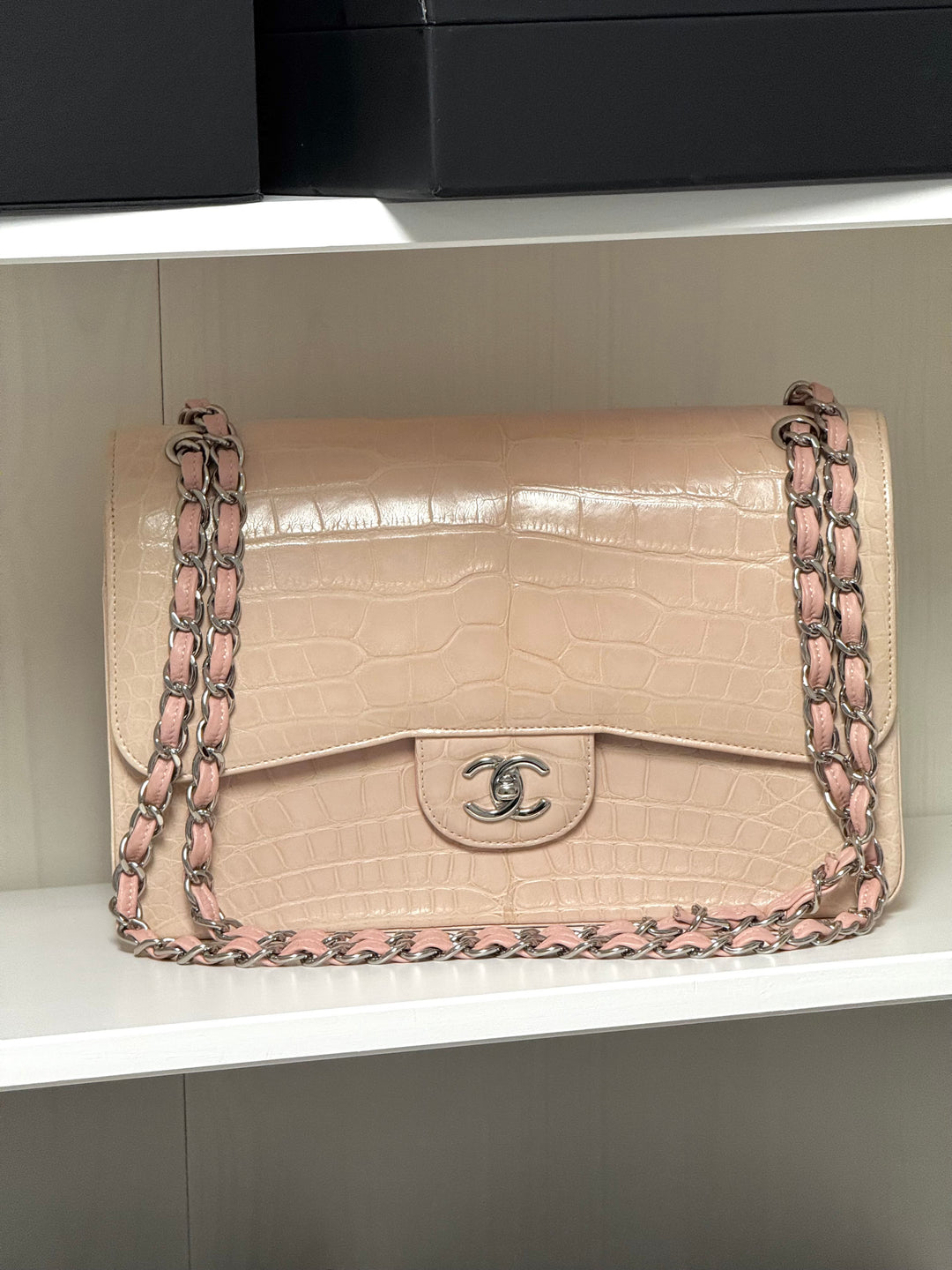 Chanel Jumbo Pink Alligator Double Flap Bag