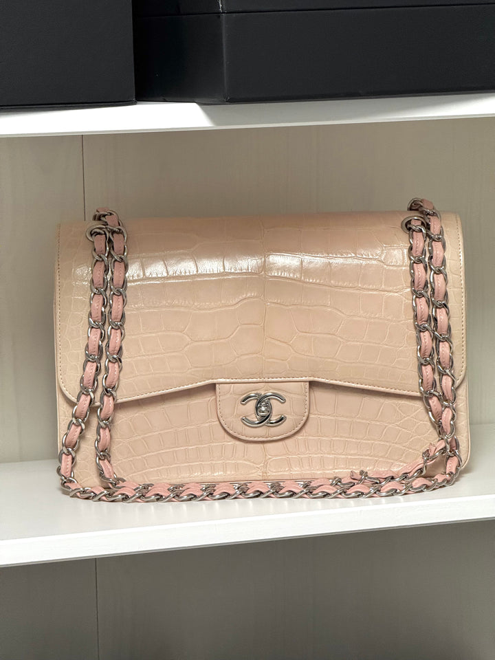 Chanel Jumbo Pink Alligator Double Flap Bag