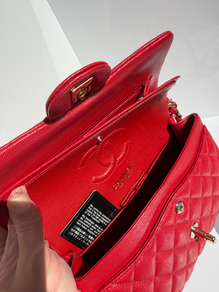 Chanel Small Double Flap Bag Caviar Leather Red Light Gold Hardware 2018