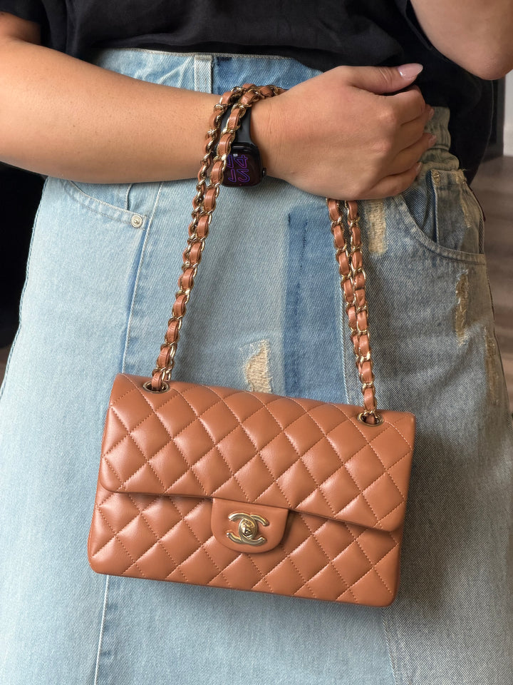 Chanel Small Classic Flap Bag Lambskin Caramel Light Gold Hardware 2022