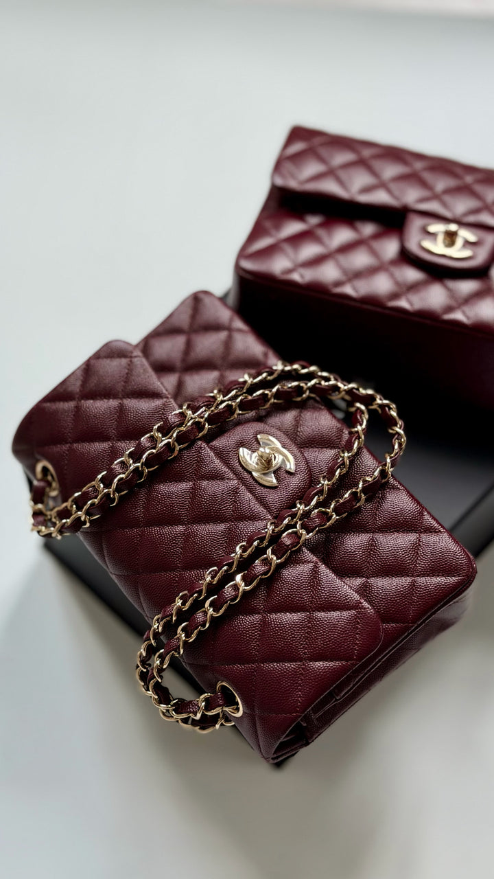 Chanel Small Classic Double Flap Caviar Burgundy Light Gold Hardware 2021