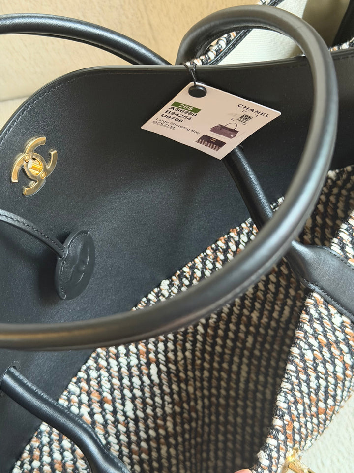 Chanel XXL Shopping Tote Black Calfskin and Multi Tweed Gold Hardware 2026