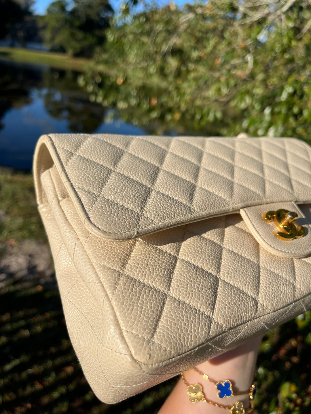 Chanel 1997 Beige Claire Medium Caviar Classic Flap