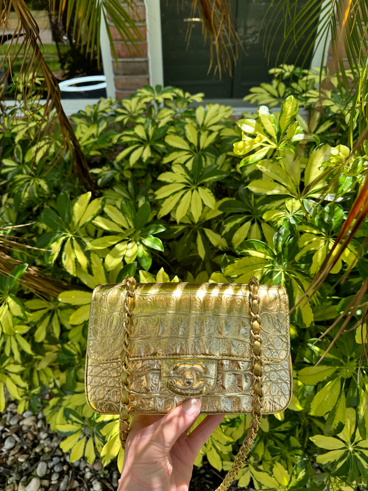 Chanel Gold Croc Embossed Mini Rectangular Flap Bag