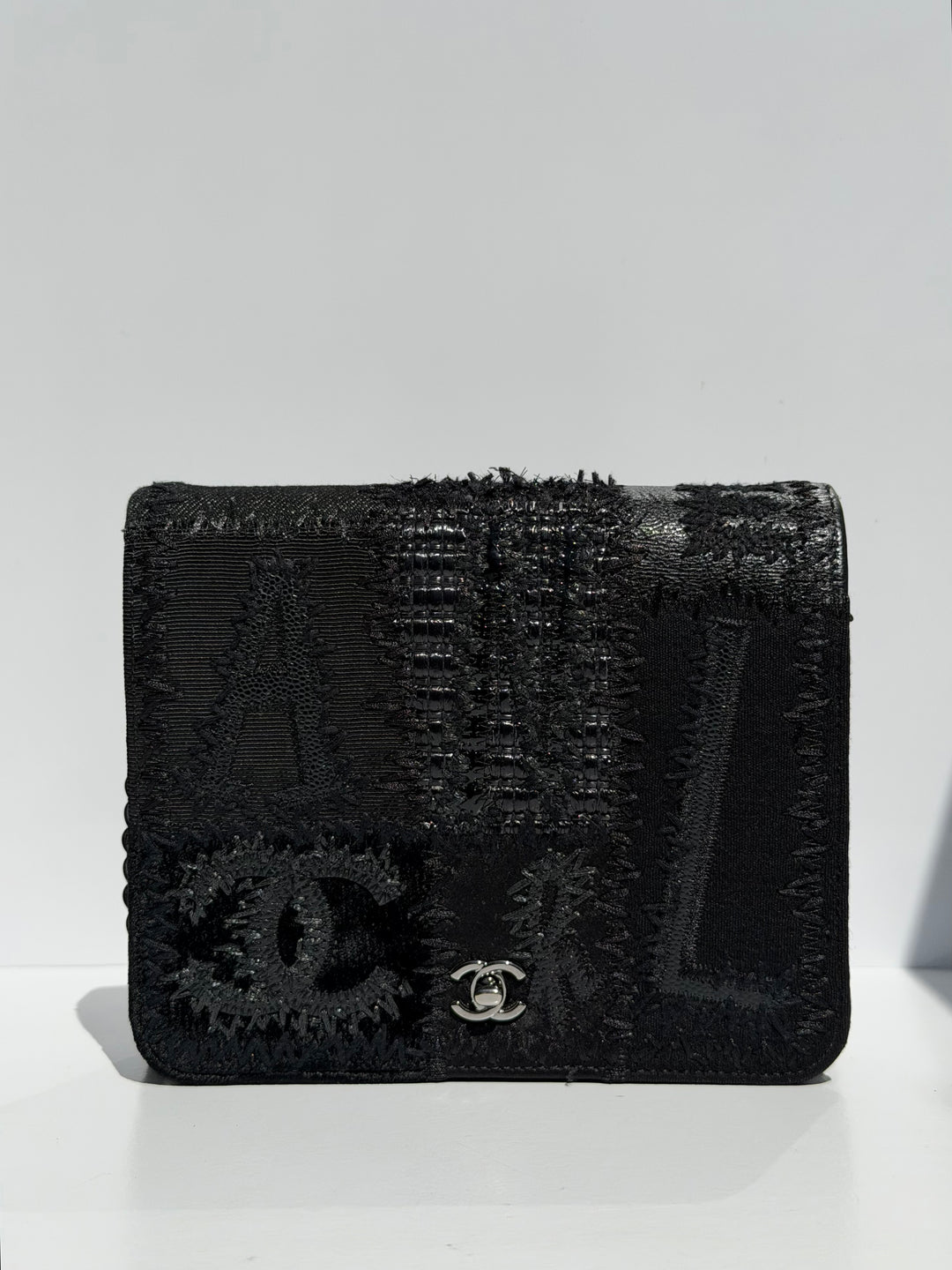 Chanel Black Mixed Media Patchwork Square Wallet on Chain Silver Hardware 2018