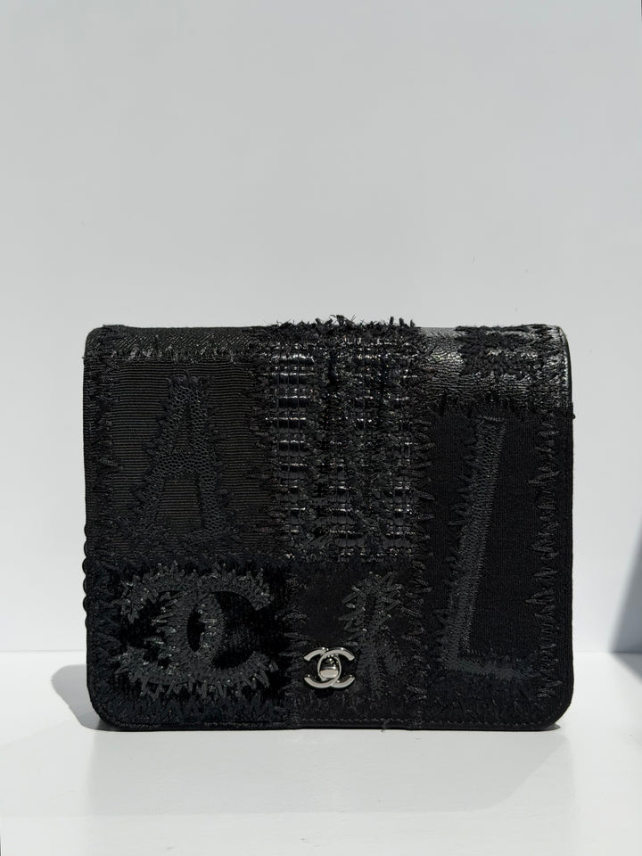 Chanel Black Mixed Media Patchwork Square Wallet on Chain Silver Hardware 2018