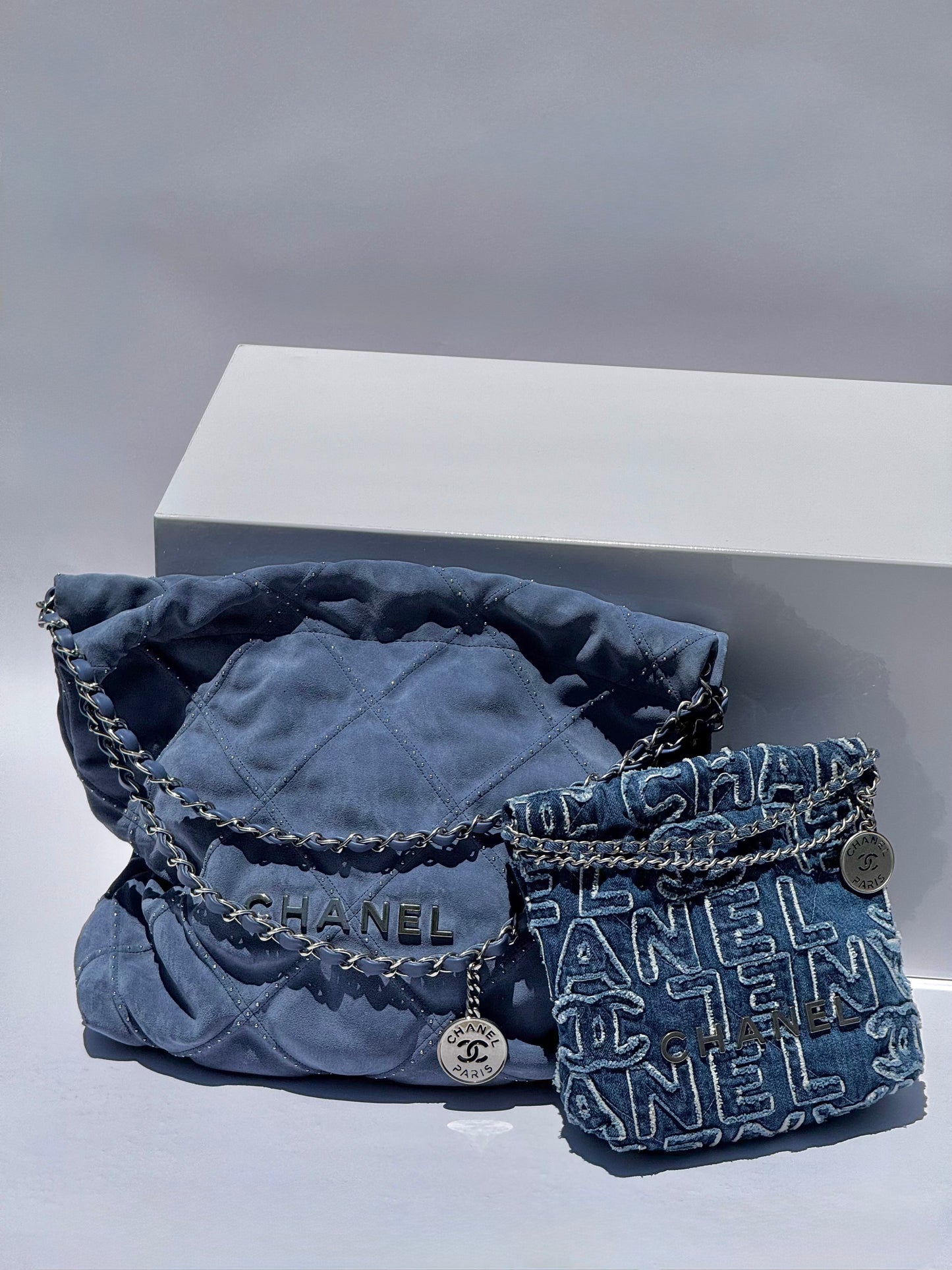Chanel Blue Washed Denim Mini Logo Embroidered 22