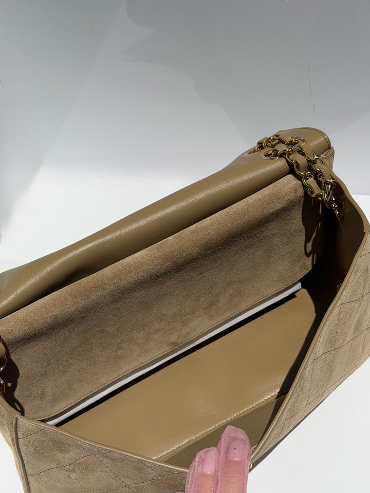 Chanel Maxi Flap Bag Beige Souplissimo Suede Calfskin Gold Tone Hardware 2026