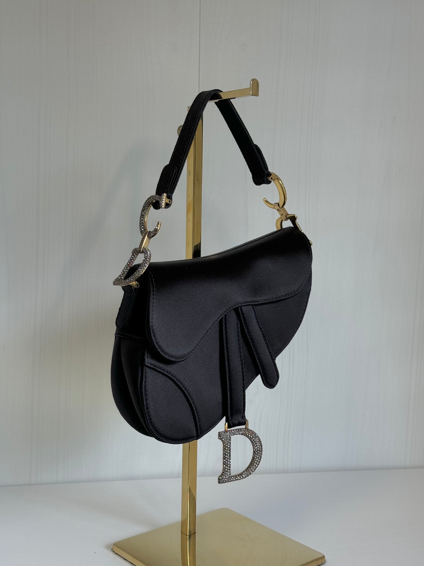 Rare Dior Black Satin Crystal Mini Saddle