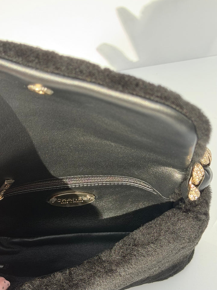 Chanel 2020 Shearling & Strass Black Flap Bag