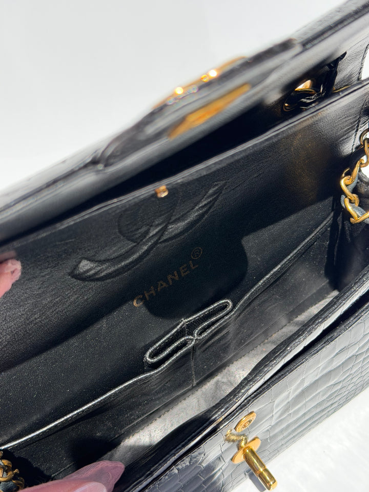 Chanel Medium Classic Flap Bag Alligator Black 24K Plated Gold Hardware 1997
