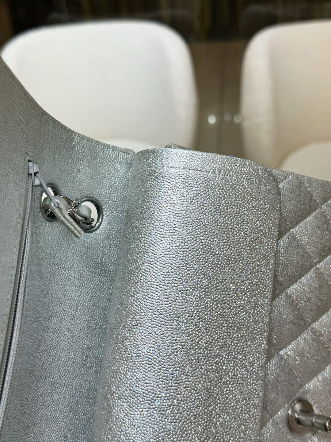 Chanel 21K Medium Flap Bag Silver Metallic Caviar Leather Silver Tone Hardware 2021
