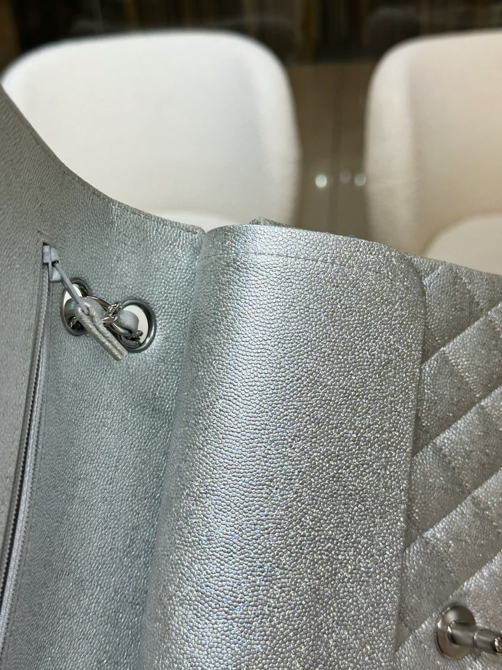 Chanel 21K Medium Flap Bag Silver Metallic Caviar Leather Silver Tone Hardware 2021