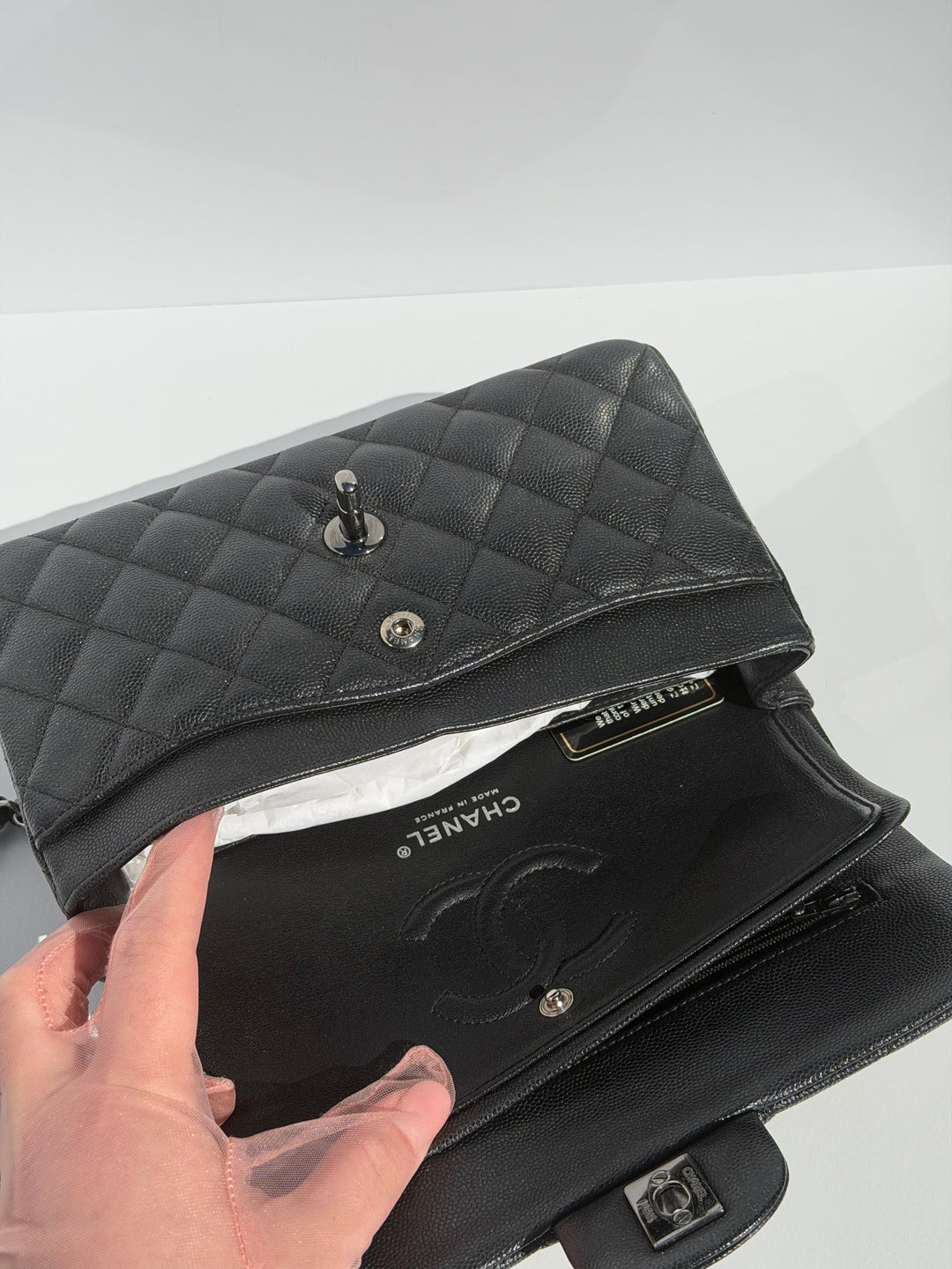 Chanel 18C Black Iridescent Small Caviar Double Flap Bag