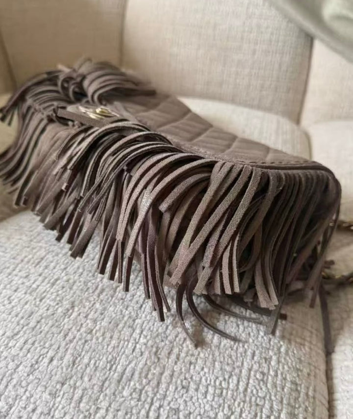 Chanel Paris-Dallas Medium Fringe Flap Bag Taupe Suede Calfskin Antique Gold Tone Hardware 2014