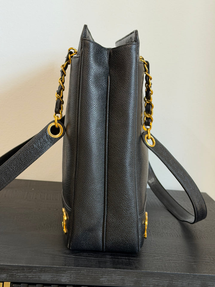Chanel Black Caviar Triple Coco CC Tote Bag 24K Gold Plated Hardware 1994