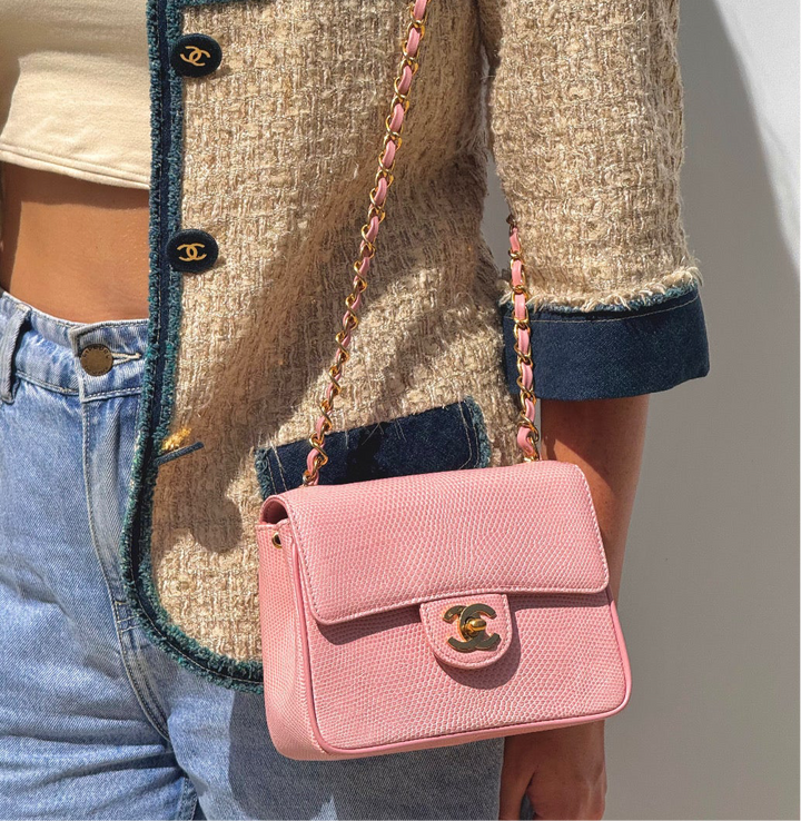 Chanel Sakura Pink Vintage Lizard Mini Square Flap Bag